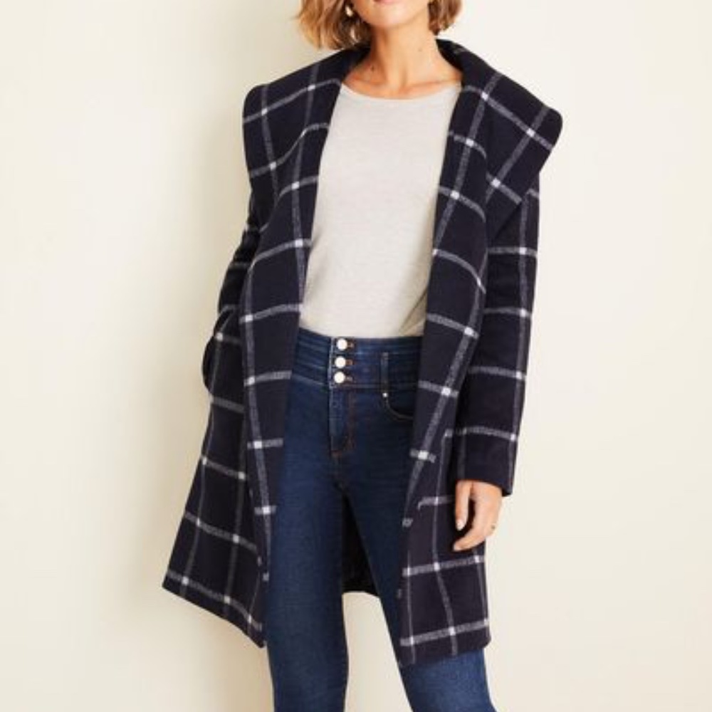 Navy Blue Windowpane Wrap Coat